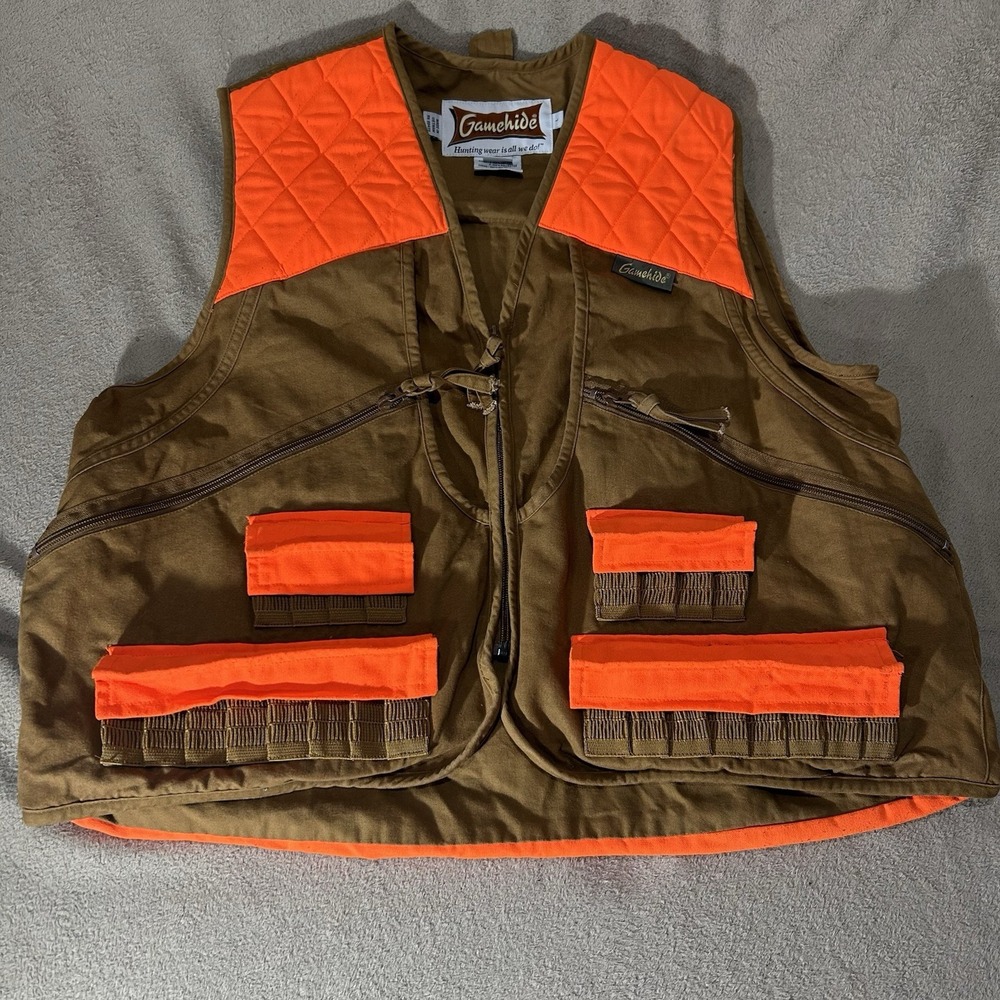 Gamehide Upland Hunting Vest Blaze Orange Brown Shell Loops Game Pouch Mens L